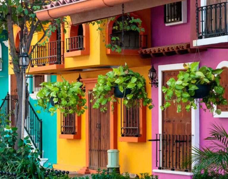 quaint building facade in Puerto Vallarta, Mexico with traditional bright colors