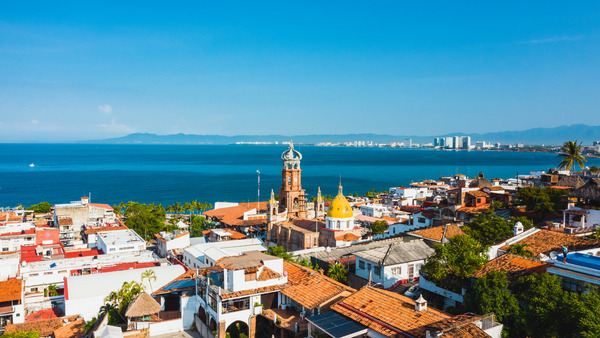 aerial shot of town by the ocean in Puerto Vallarta, Mexico