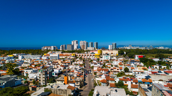 aerial shot of puerto vallarta downtown