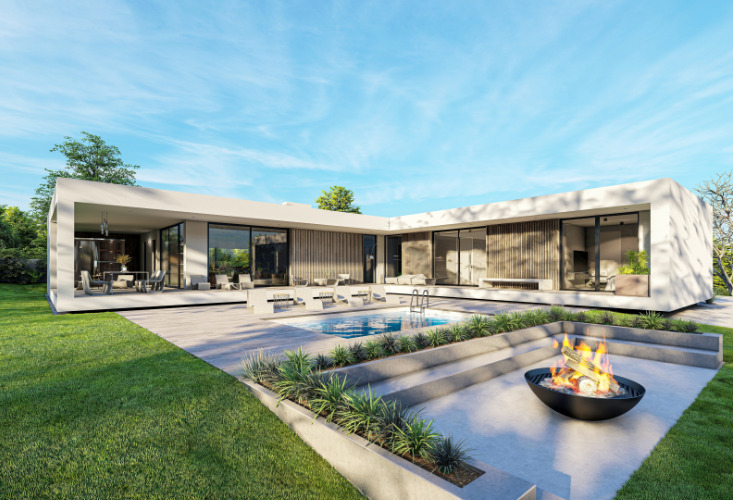 modern style home with pool, lawn, and fireplace